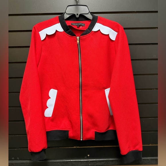 English Factory Red Scallop Trim Zip Up Bomber Jacket Size L - Picture 1 of 5